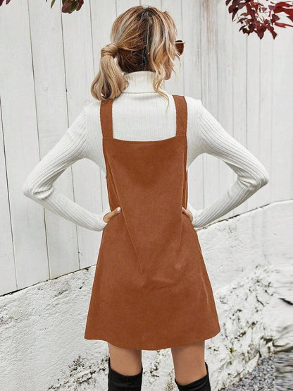 Ottilie Corduroy Button Front Pinafore Mini Dress - Rust Brown