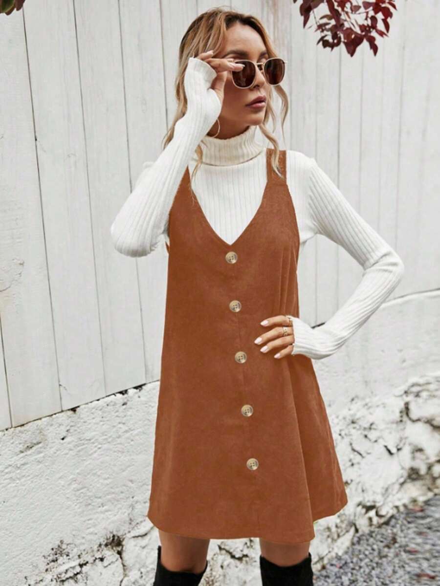 Ottilie Corduroy Button Front Pinafore Mini Dress - Rust Brown