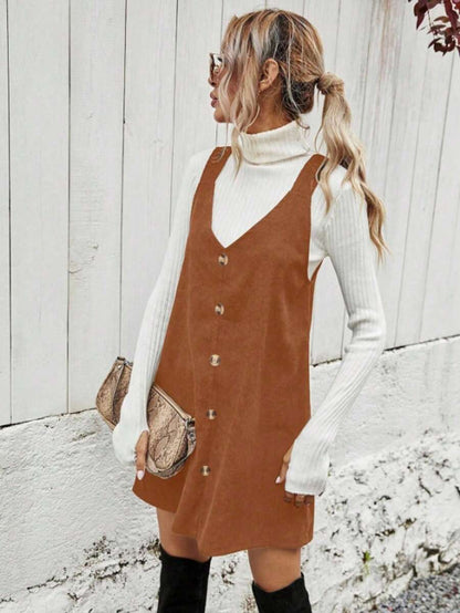 Ottilie Corduroy Button Front Pinafore Mini Dress - Rust Brown