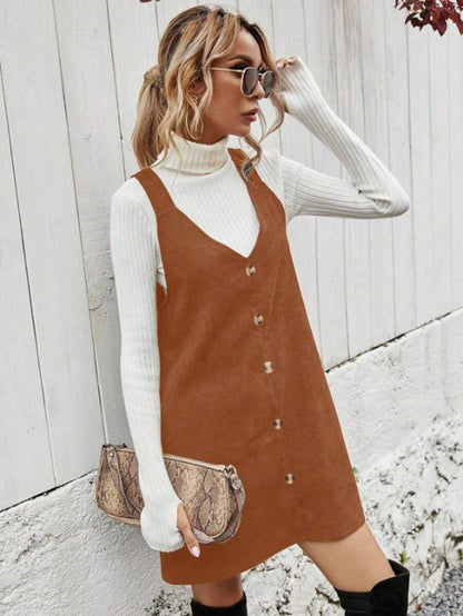 Ottilie Corduroy Button Front Pinafore Mini Dress - Rust Brown
