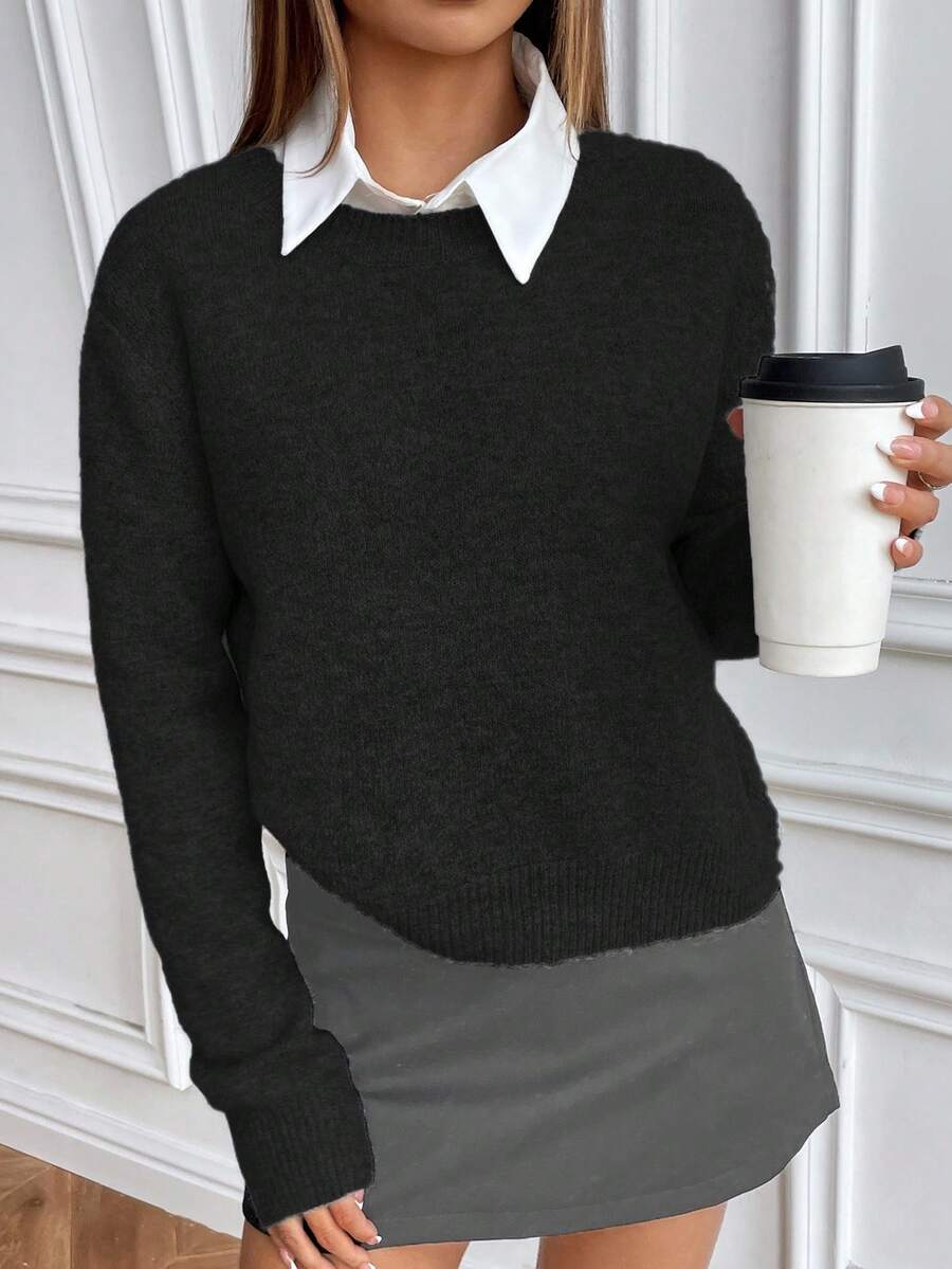 Women's Crew Neck Ribbed Knit Sweater, Fitted Pullover for Fall Winter - Black