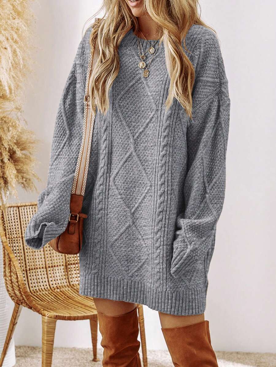 Alina Oversized Cable Knit Sweater Dress - Apricot