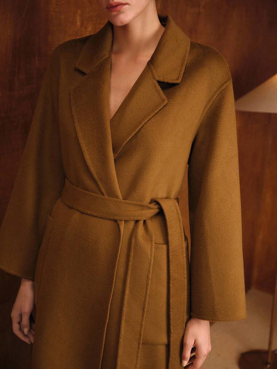 Amalie Pure Wool Single Button Belted Midi Overcoat - Camel