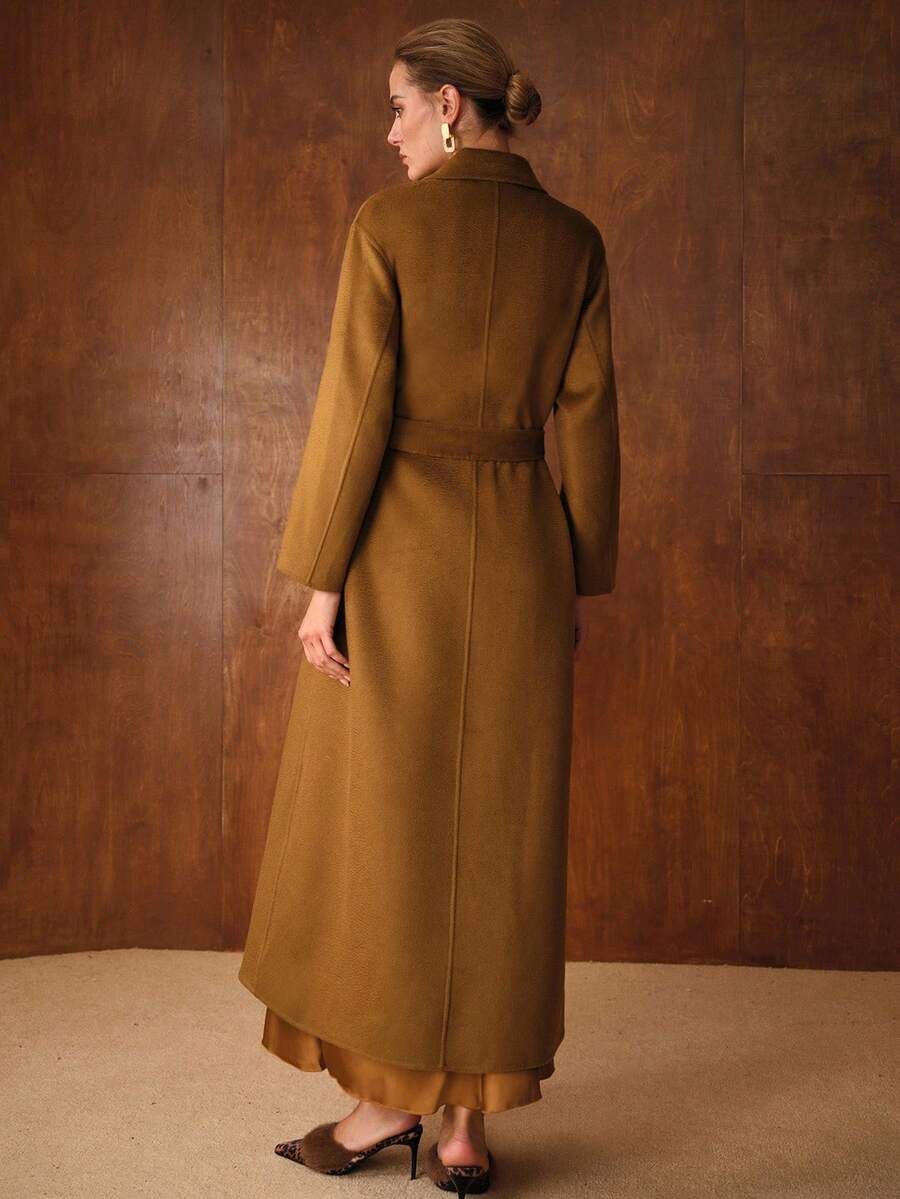 Amalie Pure Wool Single Button Belted Midi Overcoat - Camel