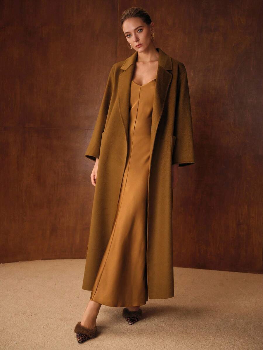 Amalie Pure Wool Single Button Belted Midi Overcoat - Camel