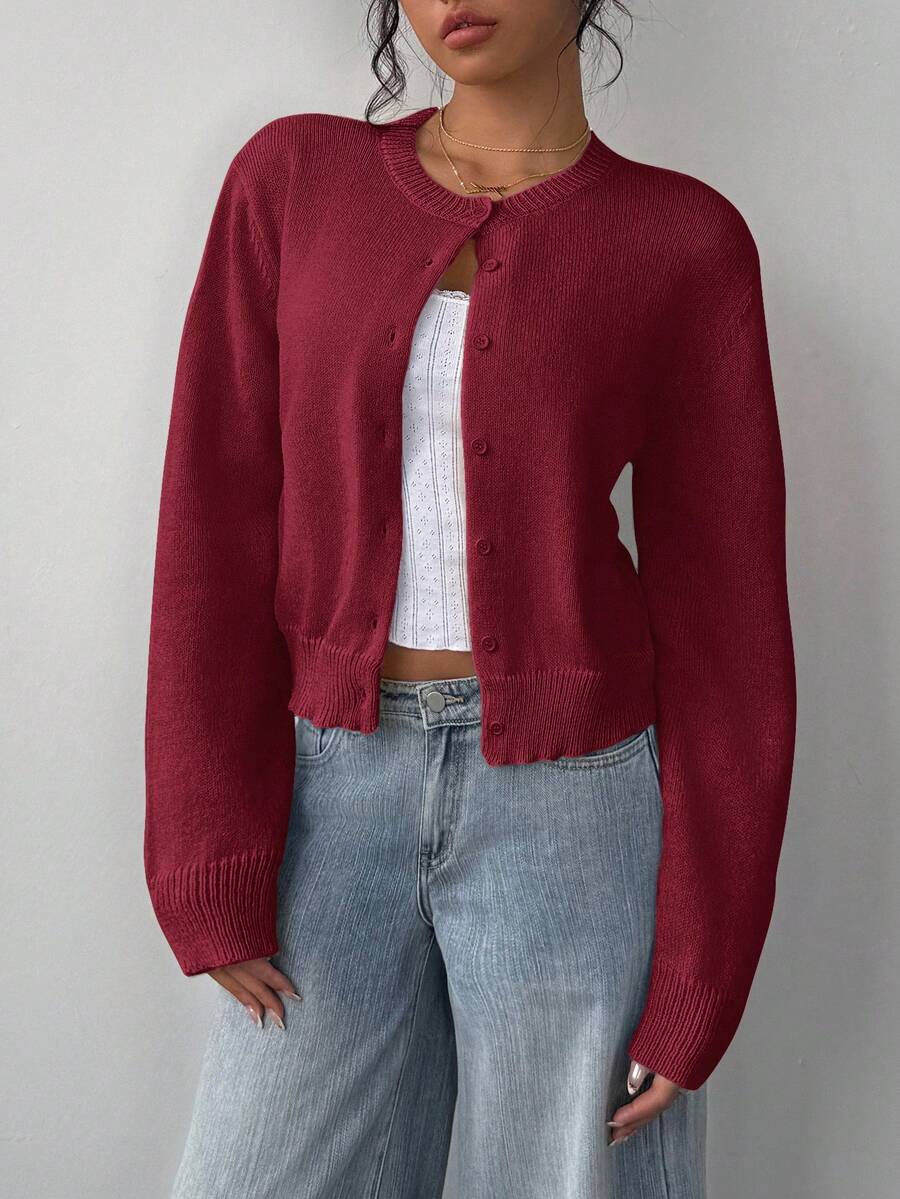 Elowen Round Neck Cropped Cardigan - Burgundy