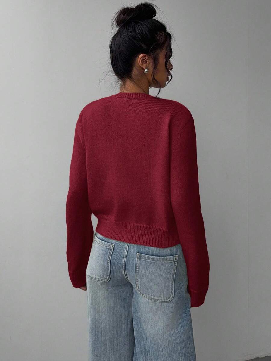 Elowen Round Neck Cropped Cardigan - Burgundy