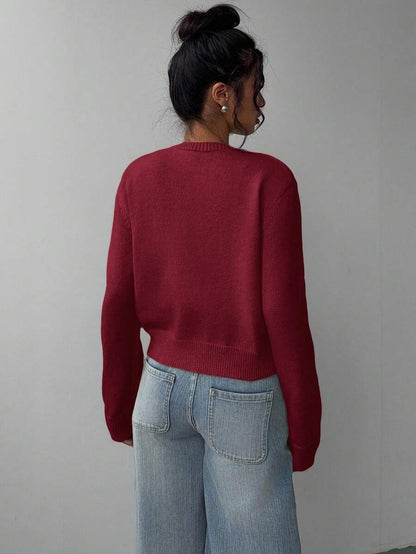 Elowen Round Neck Cropped Cardigan - Burgundy