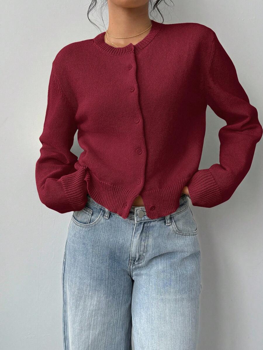 Elowen Round Neck Cropped Cardigan - Burgundy