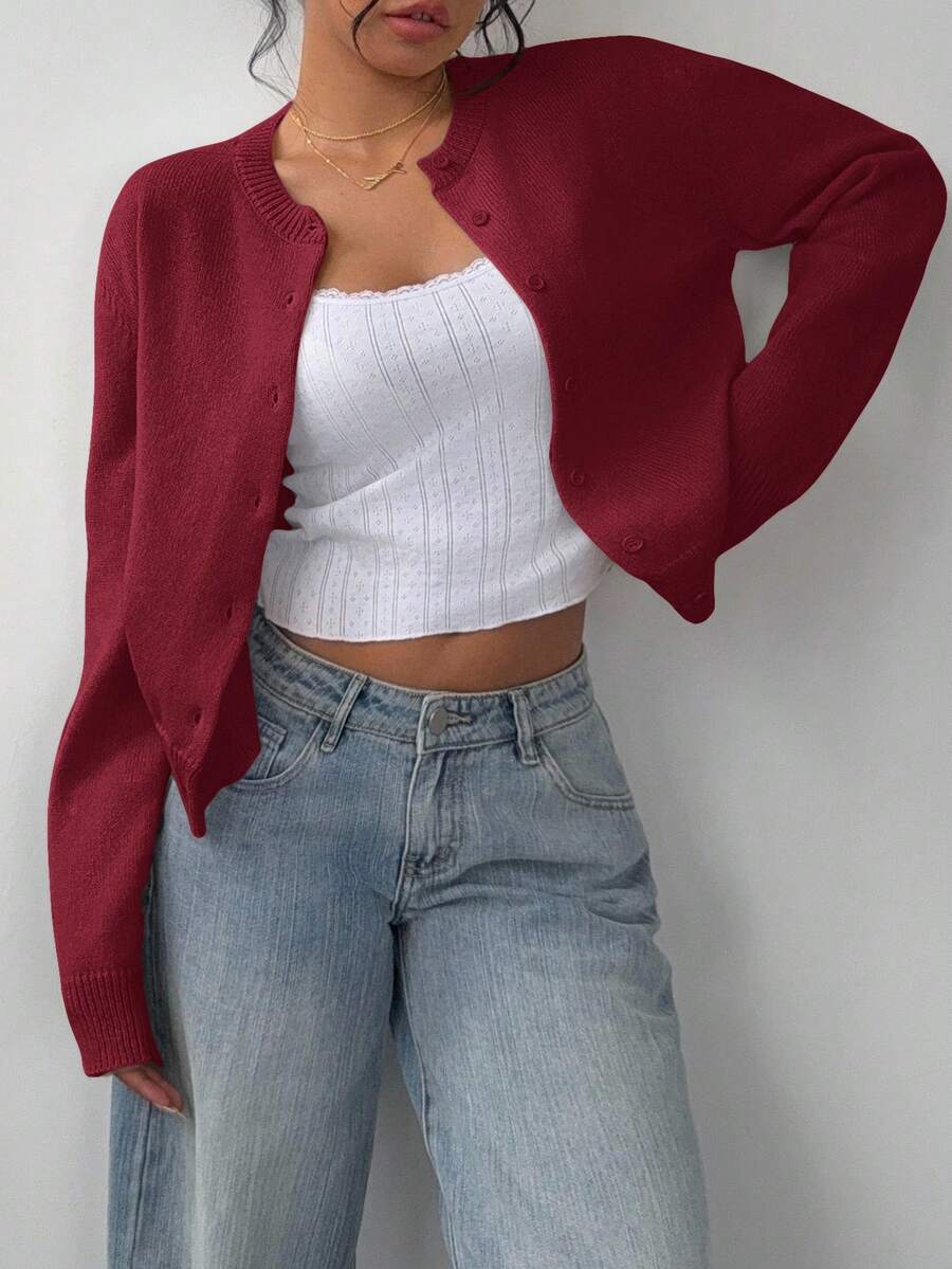 Elowen Round Neck Cropped Cardigan - Burgundy