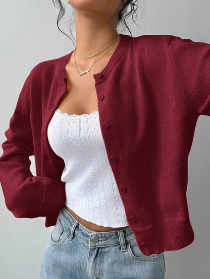 Elowen Round Neck Cropped Cardigan - Burgundy