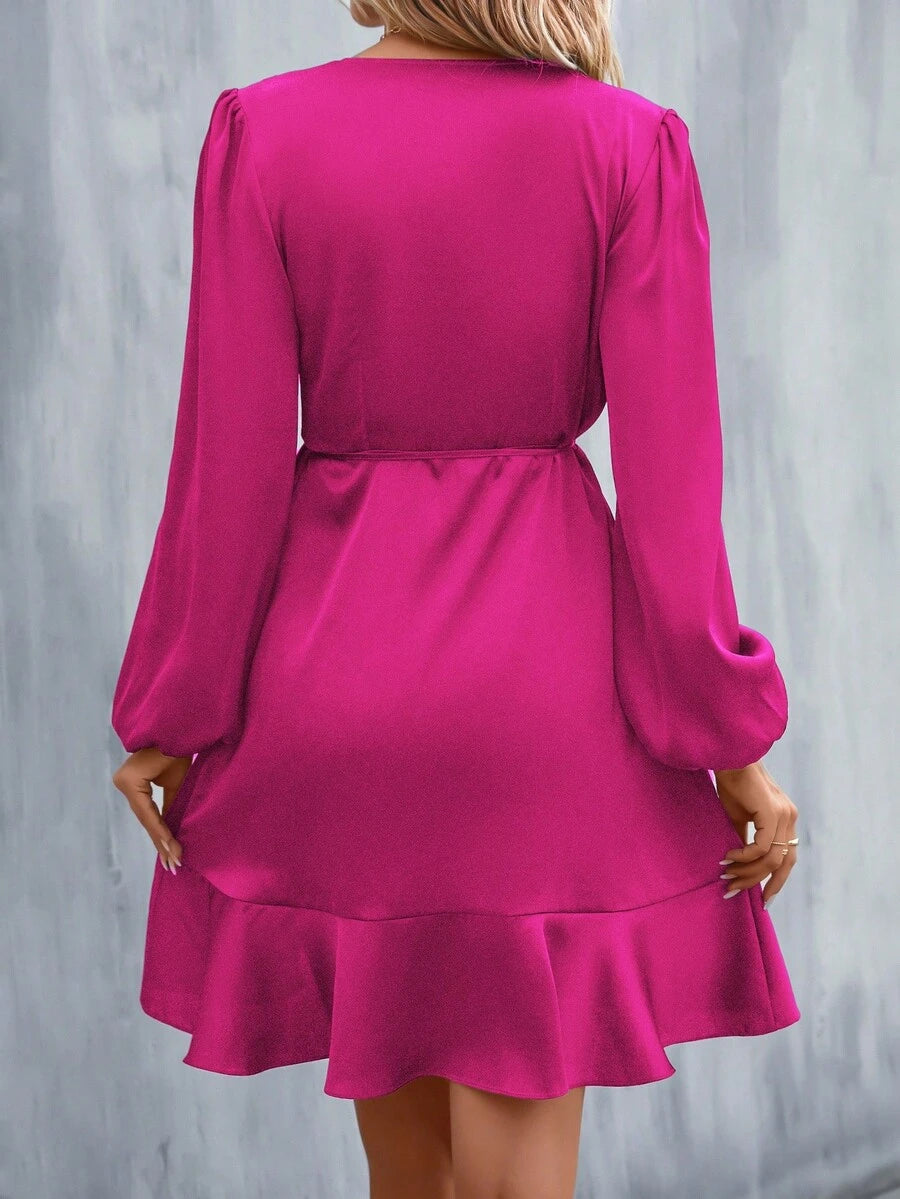 Women's Satin Wrap Dress, Tie Waist Ruffle Hem Silky Dress for Wedding Guest and Evening - Black