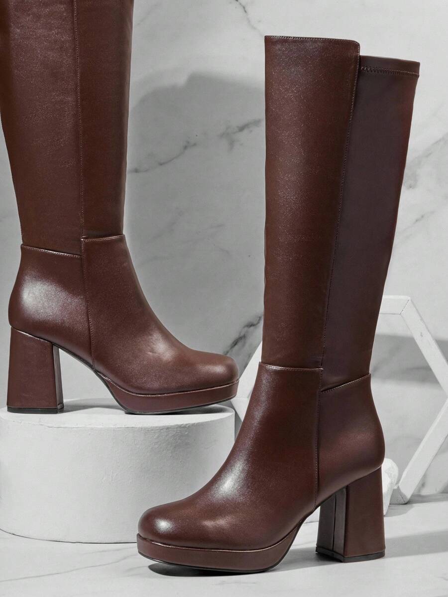 SHUZIA Women's Knee High Platform Block Heel Pu + Lycra Casual Boots For Christmas Valentine's Day Mensa