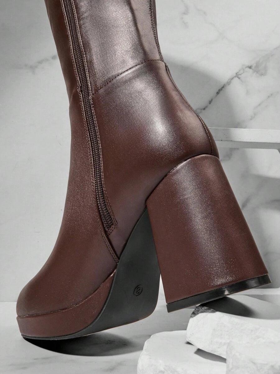 SHUZIA Women's Knee High Platform Block Heel Pu + Lycra Casual Boots For Christmas Valentine's Day Mensa