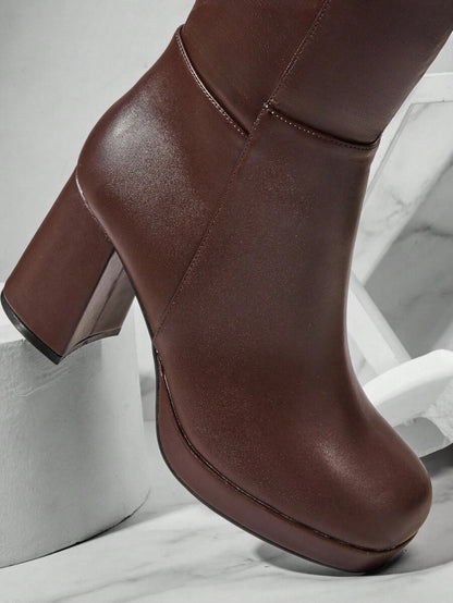 SHUZIA Women's Knee High Platform Block Heel Pu + Lycra Casual Boots For Christmas Valentine's Day Mensa