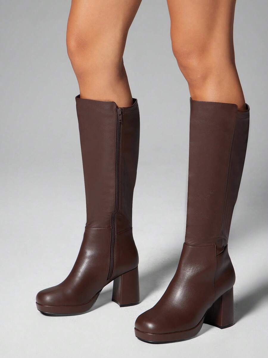 SHUZIA Women's Knee High Platform Block Heel Pu + Lycra Casual Boots For Christmas Valentine's Day Mensa