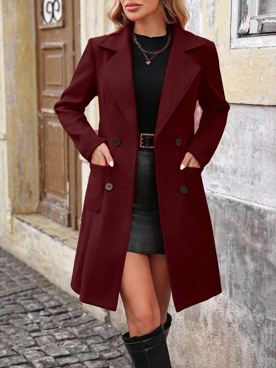 Charlotte Notched Lapel Double-Breasted Tailored Midi Coat - Burgundy