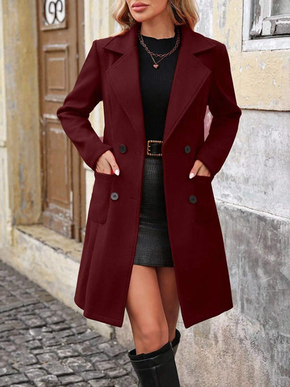 Charlotte Notched Lapel Double-Breasted Tailored Midi Coat - Burgundy