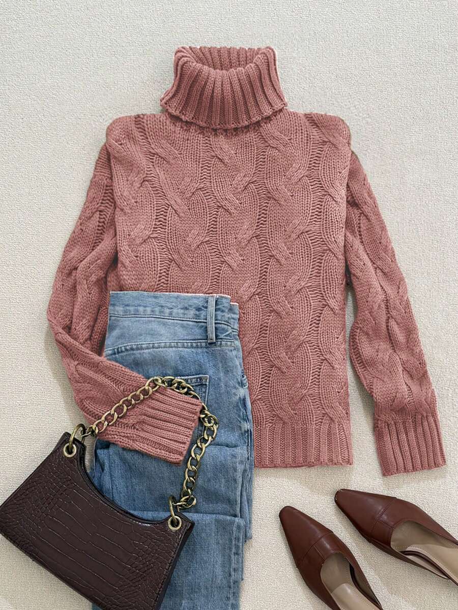 Harriet Cable Knit Turtleneck Relaxed Pullover Sweater - Pink