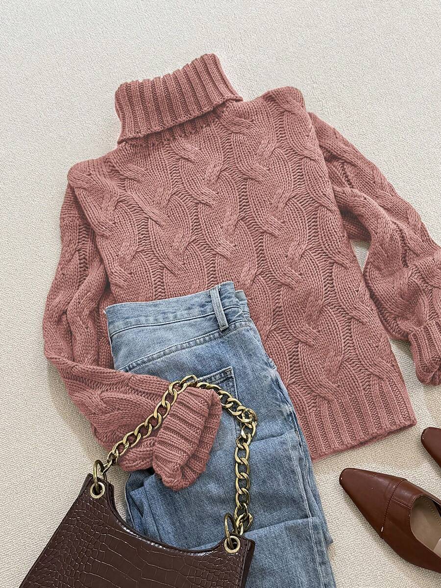 Harriet Cable Knit Turtleneck Relaxed Pullover Sweater - Pink