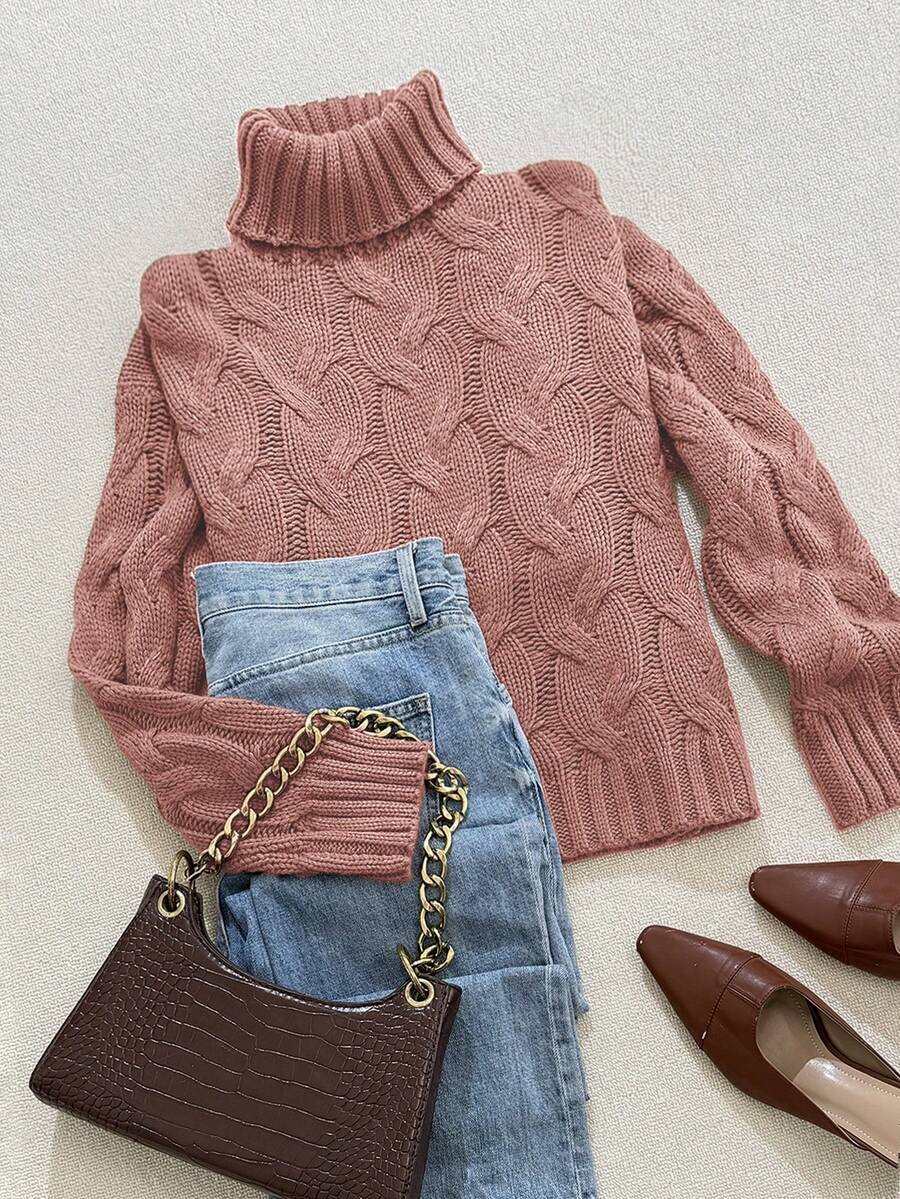 Harriet Cable Knit Turtleneck Relaxed Pullover Sweater - Pink