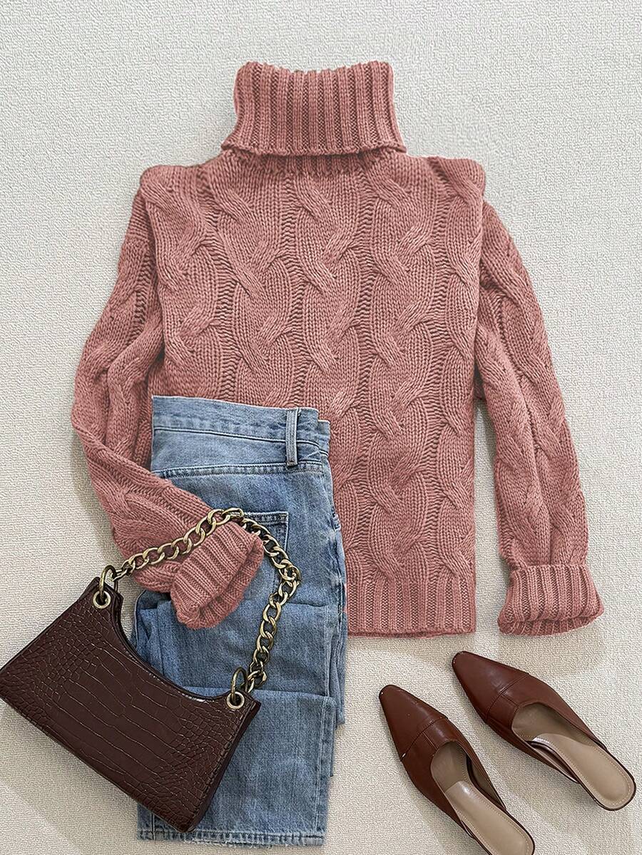 Harriet Cable Knit Turtleneck Relaxed Pullover Sweater - Pink