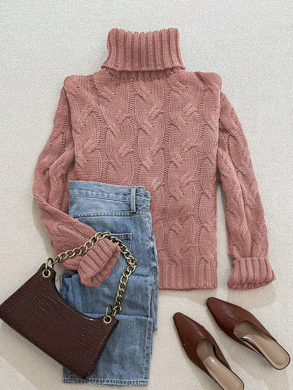 Harriet Cable Knit Turtleneck Relaxed Pullover Sweater - Pink