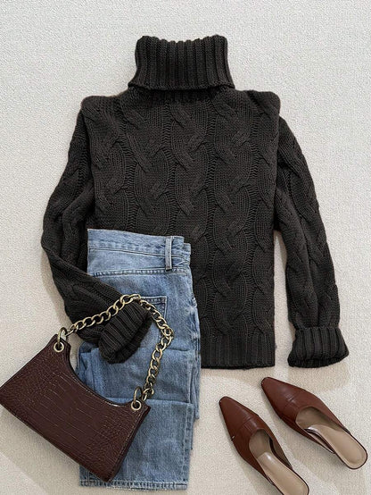 Harriet Cable Knit Turtleneck Relaxed Pullover Sweater - Black