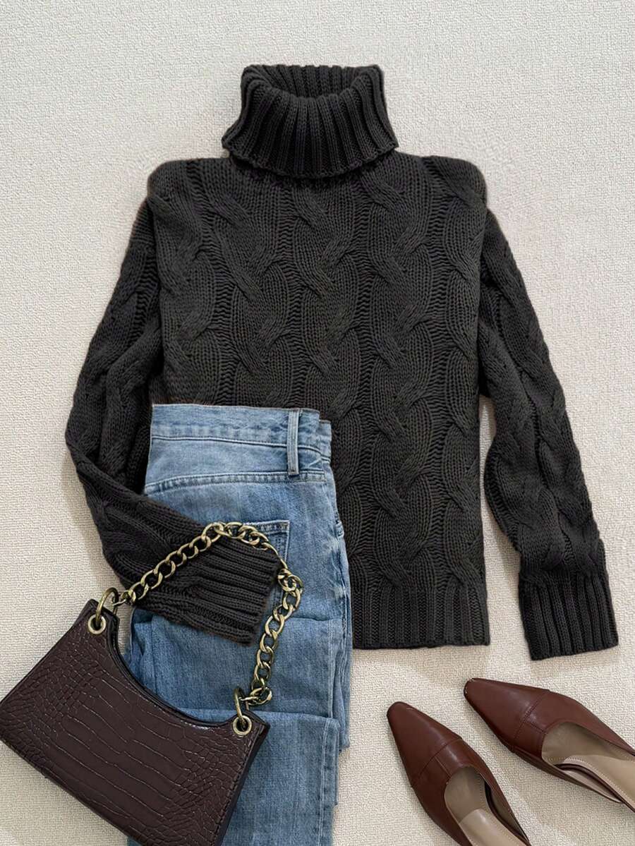 Harriet Cable Knit Turtleneck Relaxed Pullover Sweater - Black