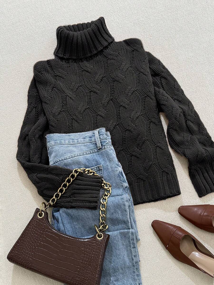 Harriet Cable Knit Turtleneck Relaxed Pullover Sweater - Black