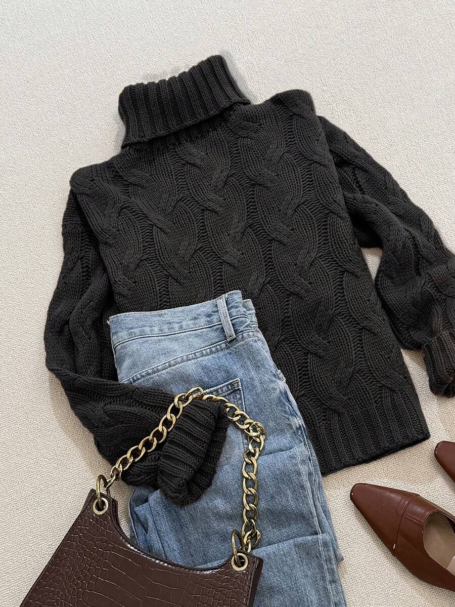 Harriet Cable Knit Turtleneck Relaxed Pullover Sweater - Black