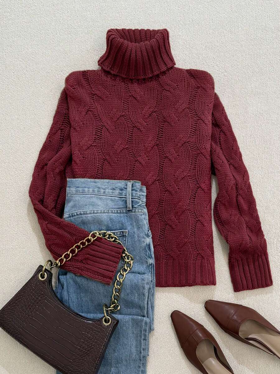 Harriet Cable Knit Turtleneck Relaxed Pullover Sweater - Burgundy
