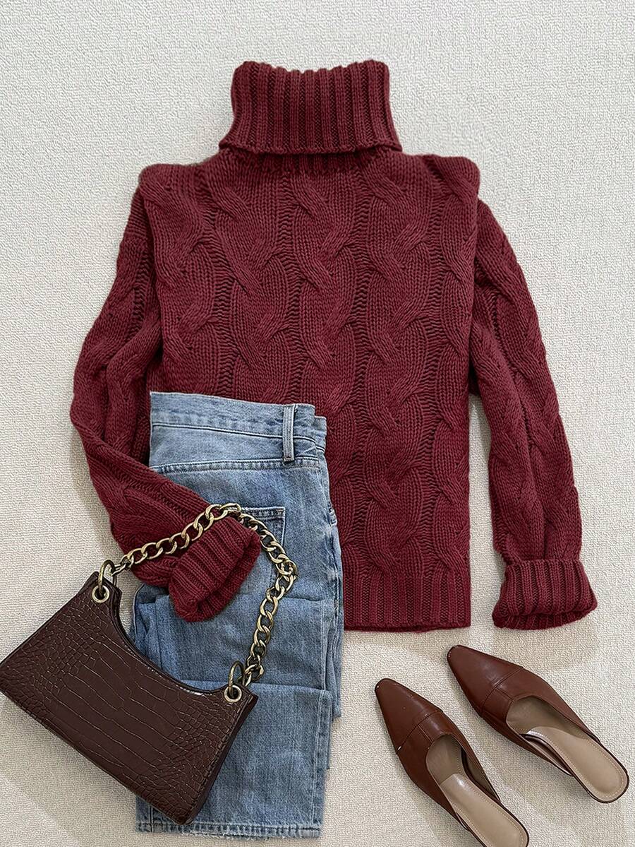 Harriet Cable Knit Turtleneck Relaxed Pullover Sweater - Burgundy