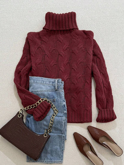 Harriet Cable Knit Turtleneck Relaxed Pullover Sweater - Burgundy