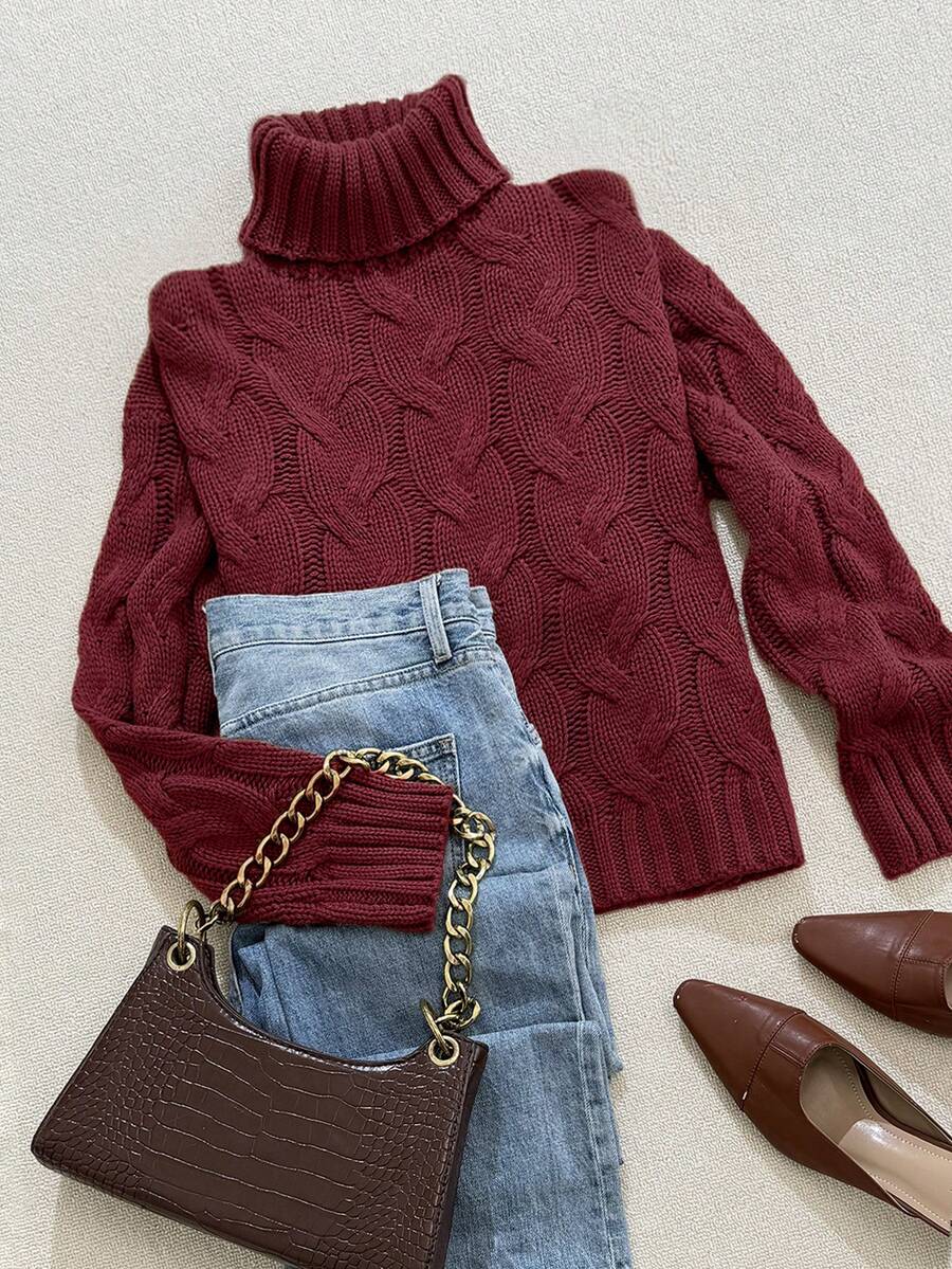 Harriet Cable Knit Turtleneck Relaxed Pullover Sweater - Burgundy