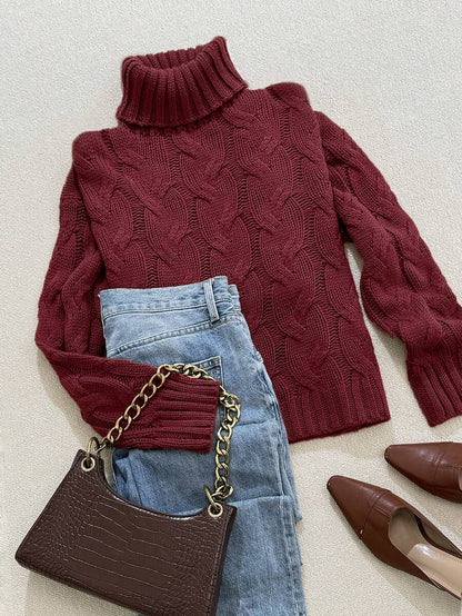 Harriet Cable Knit Turtleneck Relaxed Pullover Sweater - Burgundy