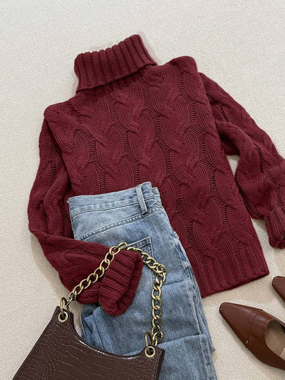 Harriet Cable Knit Turtleneck Relaxed Pullover Sweater - Burgundy
