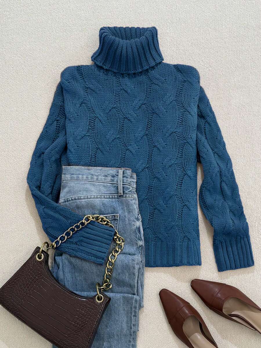 Harriet Cable Knit Turtleneck Relaxed Pullover Sweater - Blue