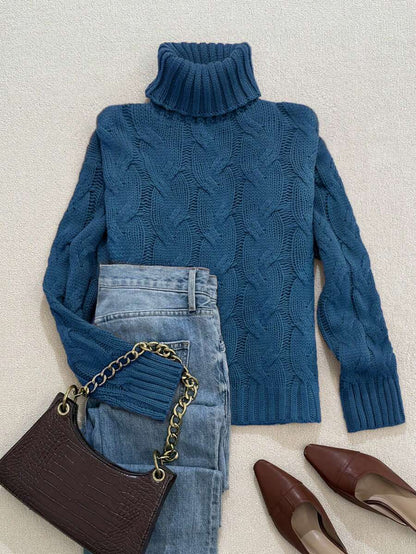 Harriet Cable Knit Turtleneck Relaxed Pullover Sweater - Blue