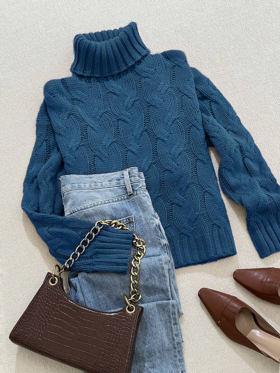 Harriet Cable Knit Turtleneck Relaxed Pullover Sweater - Blue
