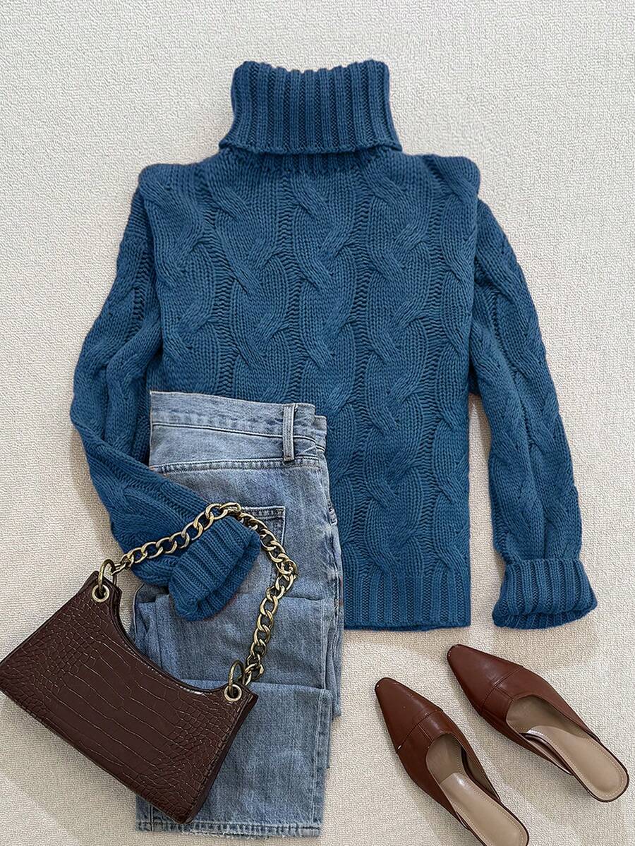 Harriet Cable Knit Turtleneck Relaxed Pullover Sweater - Blue
