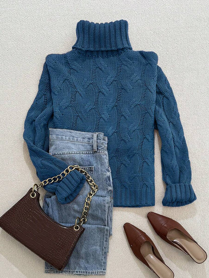 Harriet Cable Knit Turtleneck Relaxed Pullover Sweater - Blue