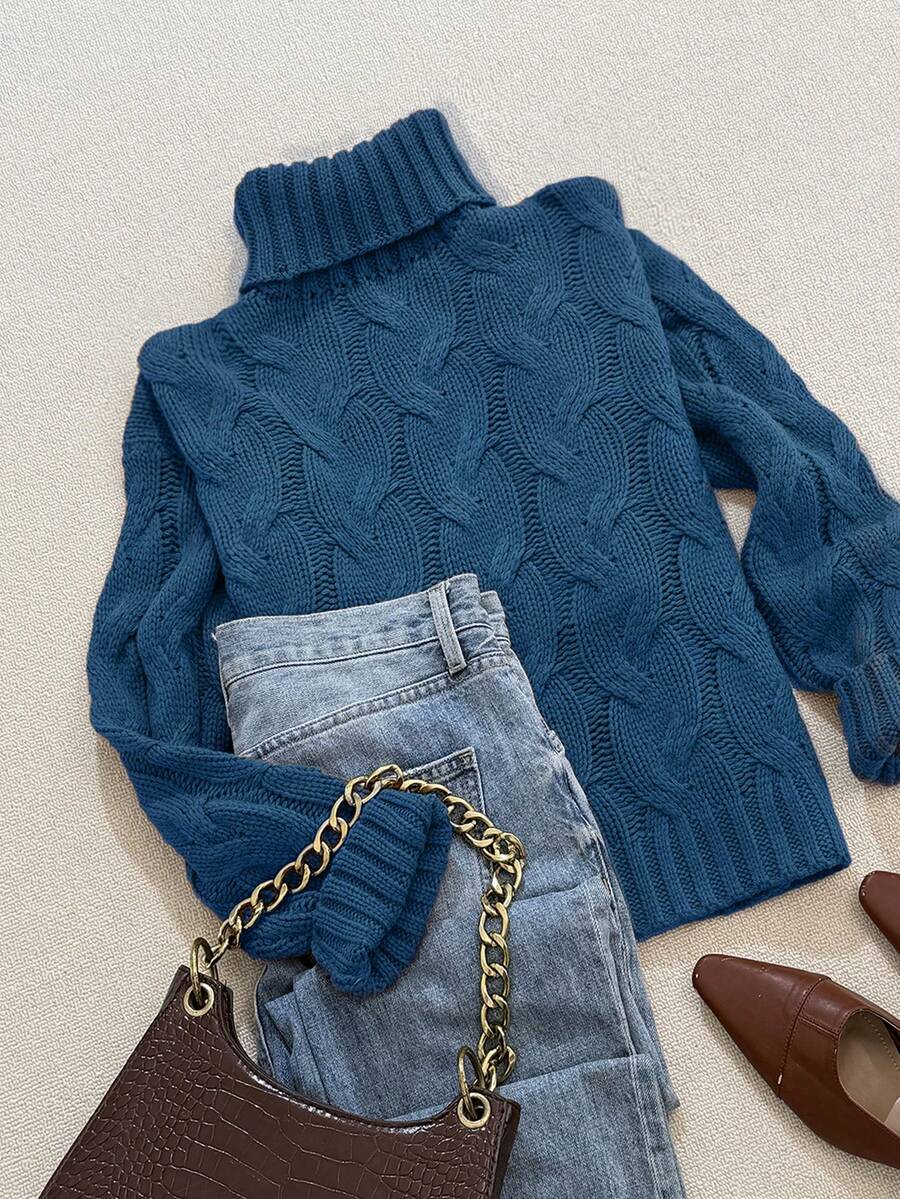Harriet Cable Knit Turtleneck Relaxed Pullover Sweater - Blue