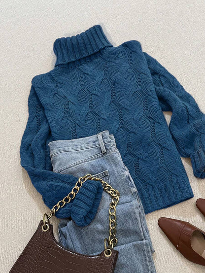 Harriet Cable Knit Turtleneck Relaxed Pullover Sweater - Blue