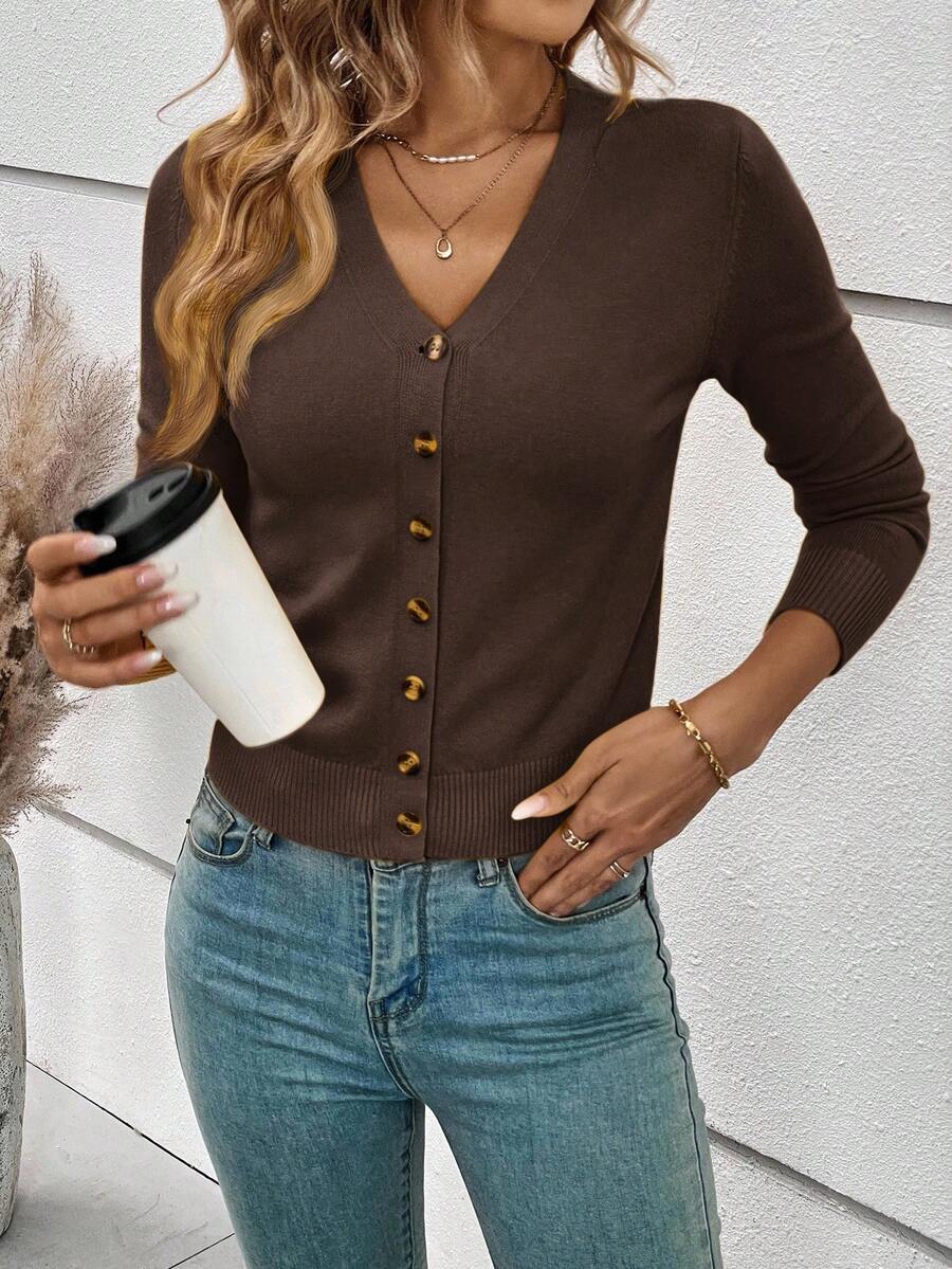 Georgiana Slim Ribbed V-Neck Button Front Knit Cardigan - Chocolate Brown
