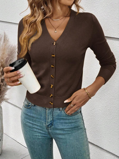 Georgiana Slim Ribbed V-Neck Button Front Knit Cardigan - Chocolate Brown