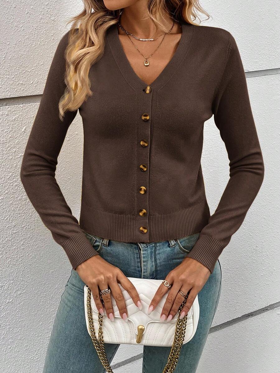Georgiana Slim Ribbed V-Neck Button Front Knit Cardigan - Chocolate Brown