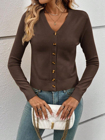 Georgiana Slim Ribbed V-Neck Button Front Knit Cardigan - Chocolate Brown