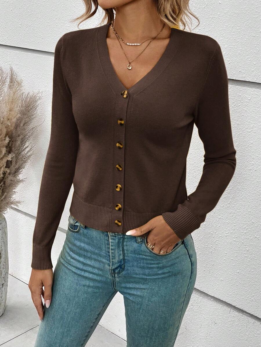 Georgiana Slim Ribbed V-Neck Button Front Knit Cardigan - Chocolate Brown