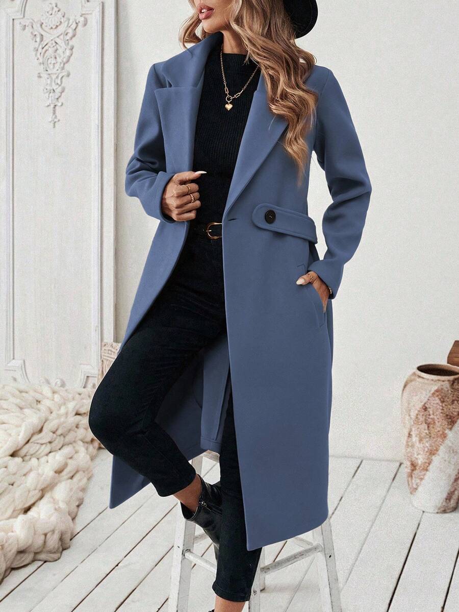 Leocadia Notched Lapel Double-Breasted Tailored Overcoat - Dusty Blue